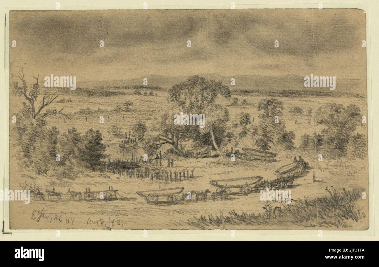 Die ersten und sechsten N.Y.V. werfen Pontoon Bridge über den Rappahannock River in der Nähe von Beverly Ford Stockfoto