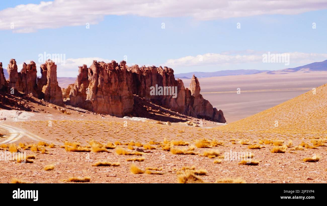 Riesige Steinsäulen, die durch Erosion in San Pedro de Atacama, Chile, geformt wurden Stockfoto