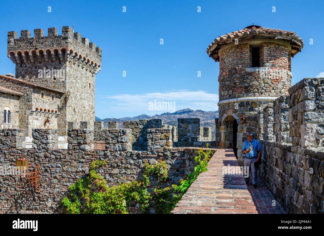 Castello di Amorosa, eine Weinkellerei in einem verspotteten toskanischen Schloss im Napa Valley in Kalifornien, USA, wo Sie Weinproben machen können Stockfoto