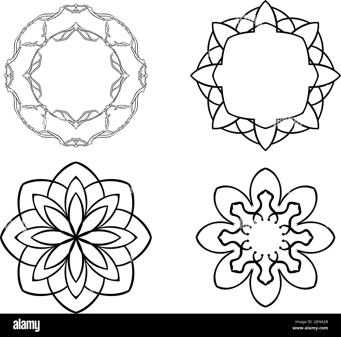 Satz von vier einfachen geometrischen Ornamenten mit Mandala-Elementen isoliert auf weißem Hintergrund Stock Vektor