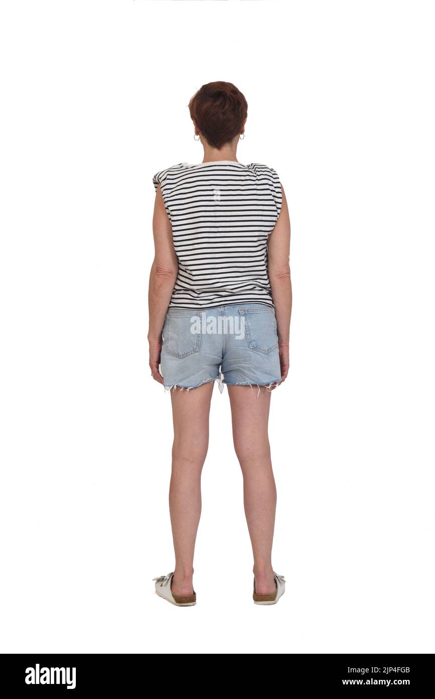 Rückansicht Porträt einer Frau in Sommerkleidung auf weißem Hintergrund in voller Länge Stockfoto