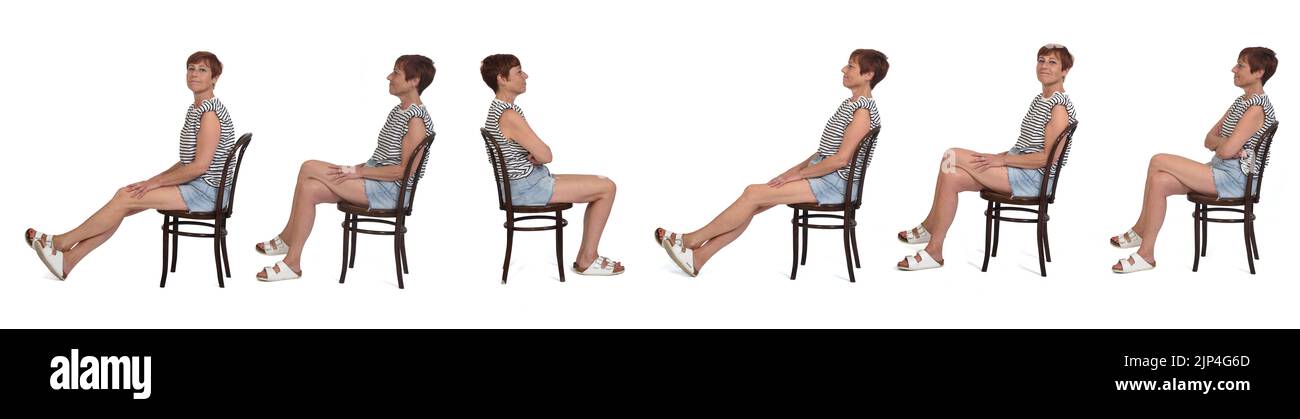 Seitenansicht der gleichen Frau sitzend Stuhl, verschiedene Posen auf weißem Hintergrund Stockfoto