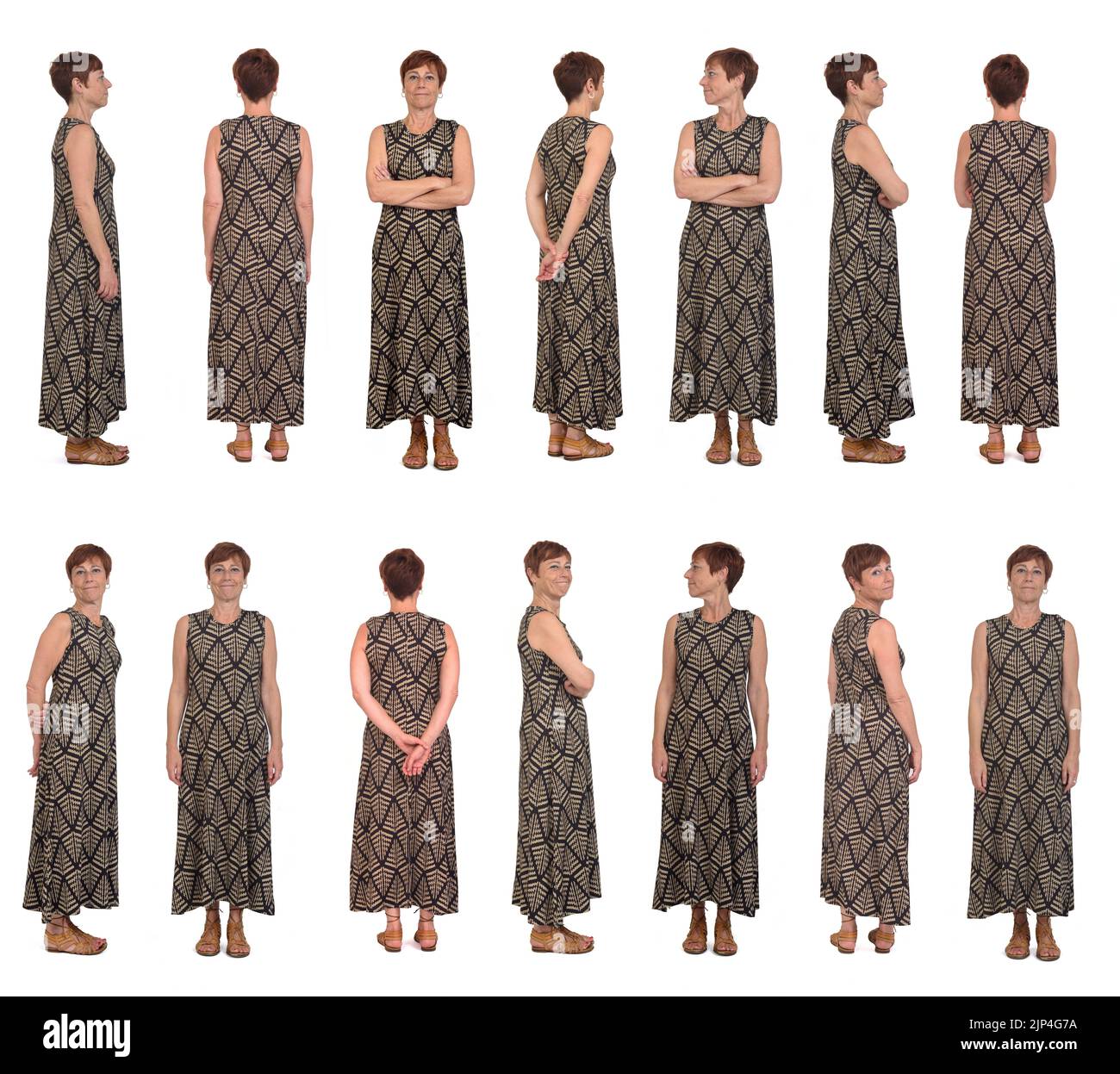 Gruppe von gleichen Frauen mittleren Alters verschiedene Posen auf weißem Hintergrund Stockfoto