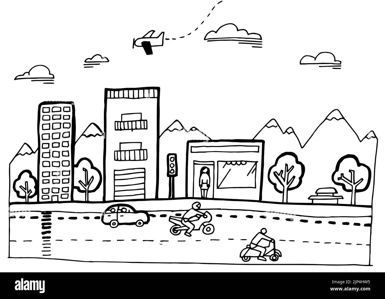 Komposition von Stadt- und Straßenzeichnungen auf weißem Hintergrund. Druckbare Malvorlagen Maker Konzept digital generierte Bild. Stockfoto