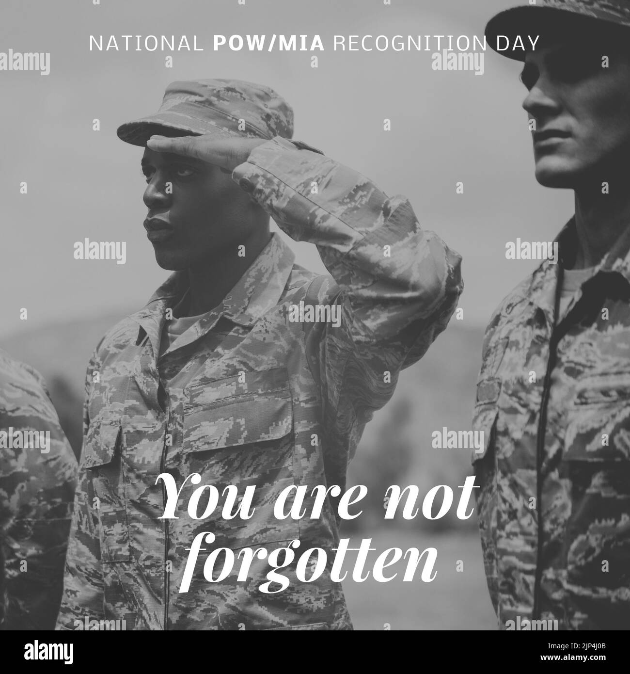 Animation des nationalen Pow Mia Recognition Day-Textes über verschiedene Soldaten. National Pow Mia Recognition Day und Feier Konzept digital generiert Stockfoto