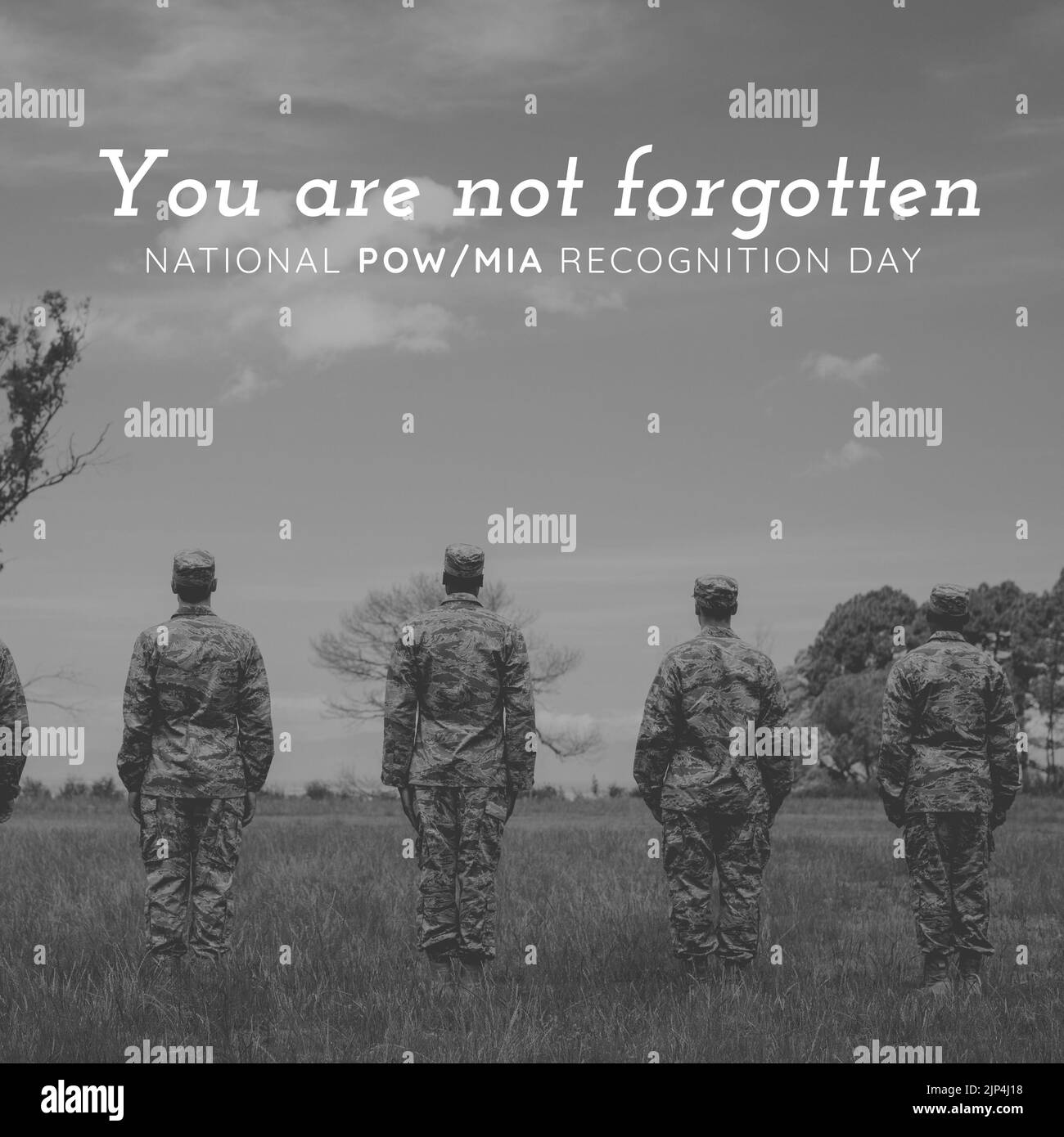 Animation des nationalen Pow Mia Recognition Day-Textes über verschiedene Soldaten. National Pow Mia Recognition Day und Feier Konzept digital generiert Stockfoto