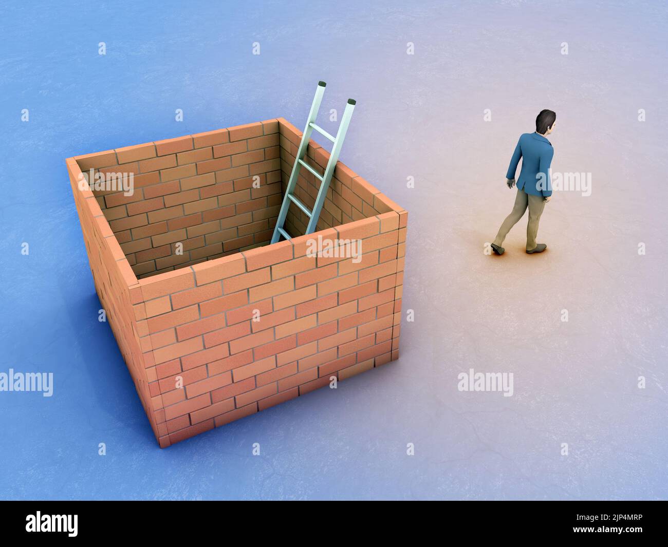 Mann findet seinen Weg aus einer Wandverkleidung. Digitale Illustration. Stockfoto