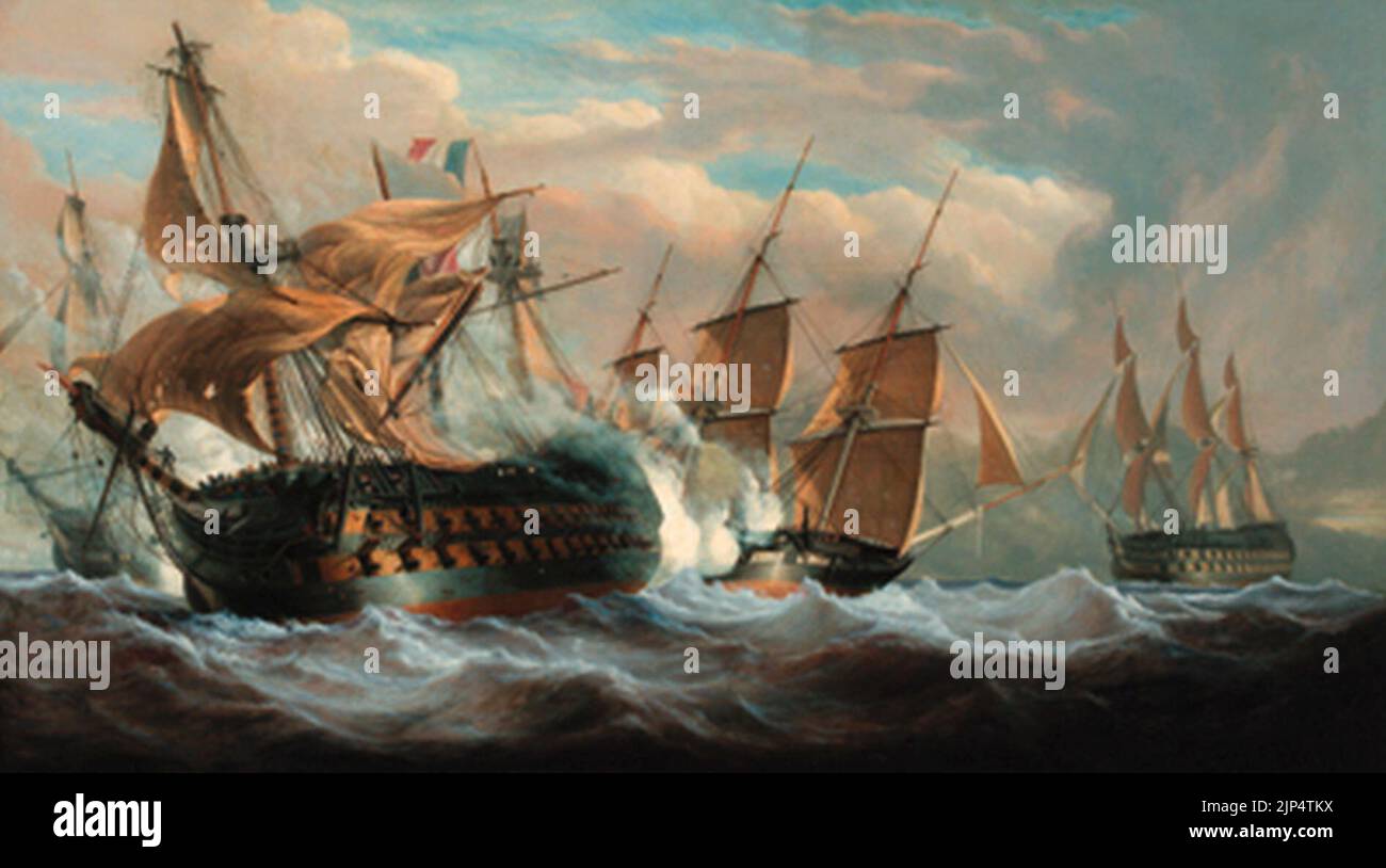 The Guillaume Tell in Aktion mit HMS Penelope, mit HMS Lion an Steuerbord und HMS Foudroyant kommen aus dem Ast, um sich dem Trott anzuschließen, 31.. März 1800 2000 CSK 1777025 Stockfoto