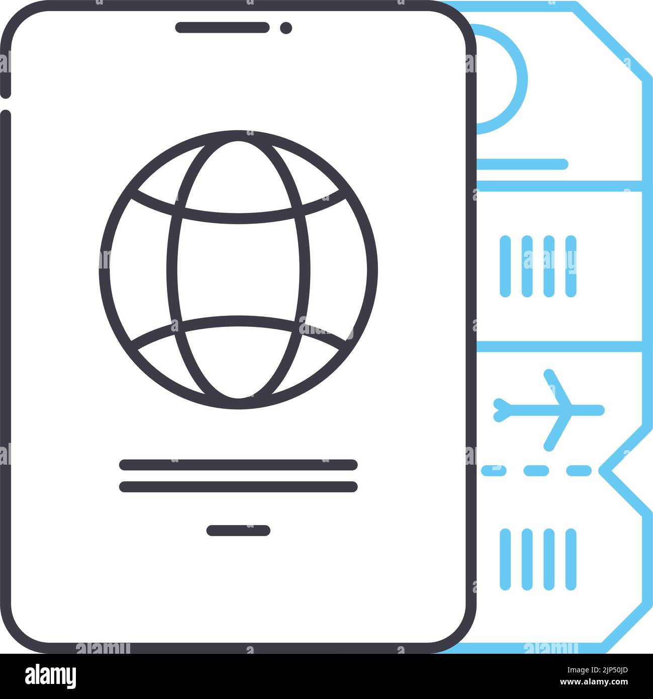Flugticket mit Passzeilensymbol, Umrisssymbol, Vektorgrafik, Konzeptschild Stock Vektor