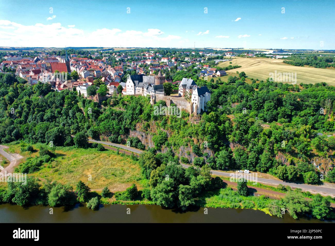 Schloss Mildenstein in Leisnig Luftbild schönes Wetter Stockfoto
