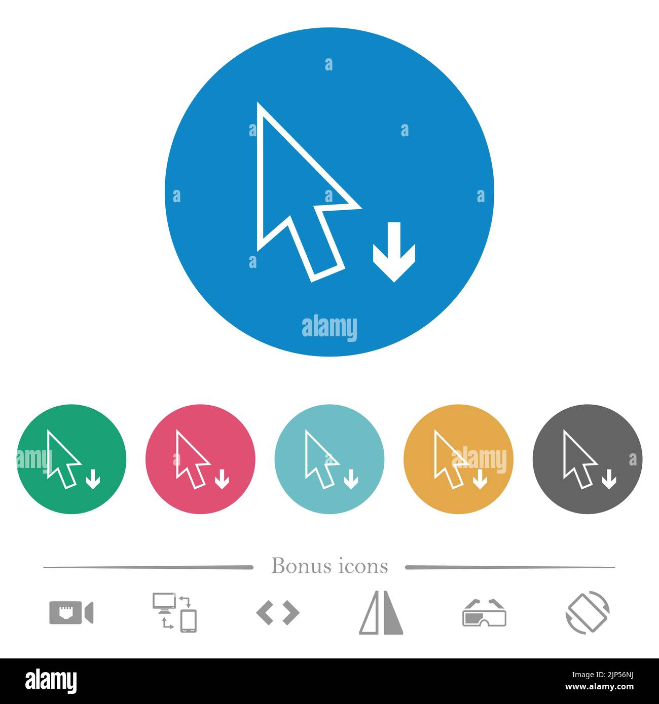Pfeil-Cursor nach unten umreißt flache weiße Symbole auf runden farbigen Hintergründen. 6 Bonus-Symbole enthalten. Stock Vektor