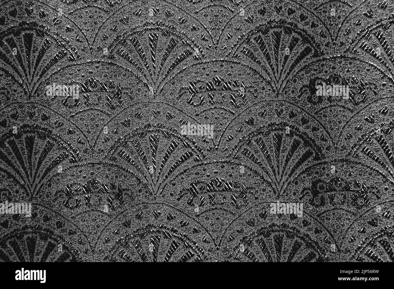 Schwarz-weißes Bild florale Ornament Brokat Textilmuster, schöne teure Stoff Hintergrund. Stockfoto