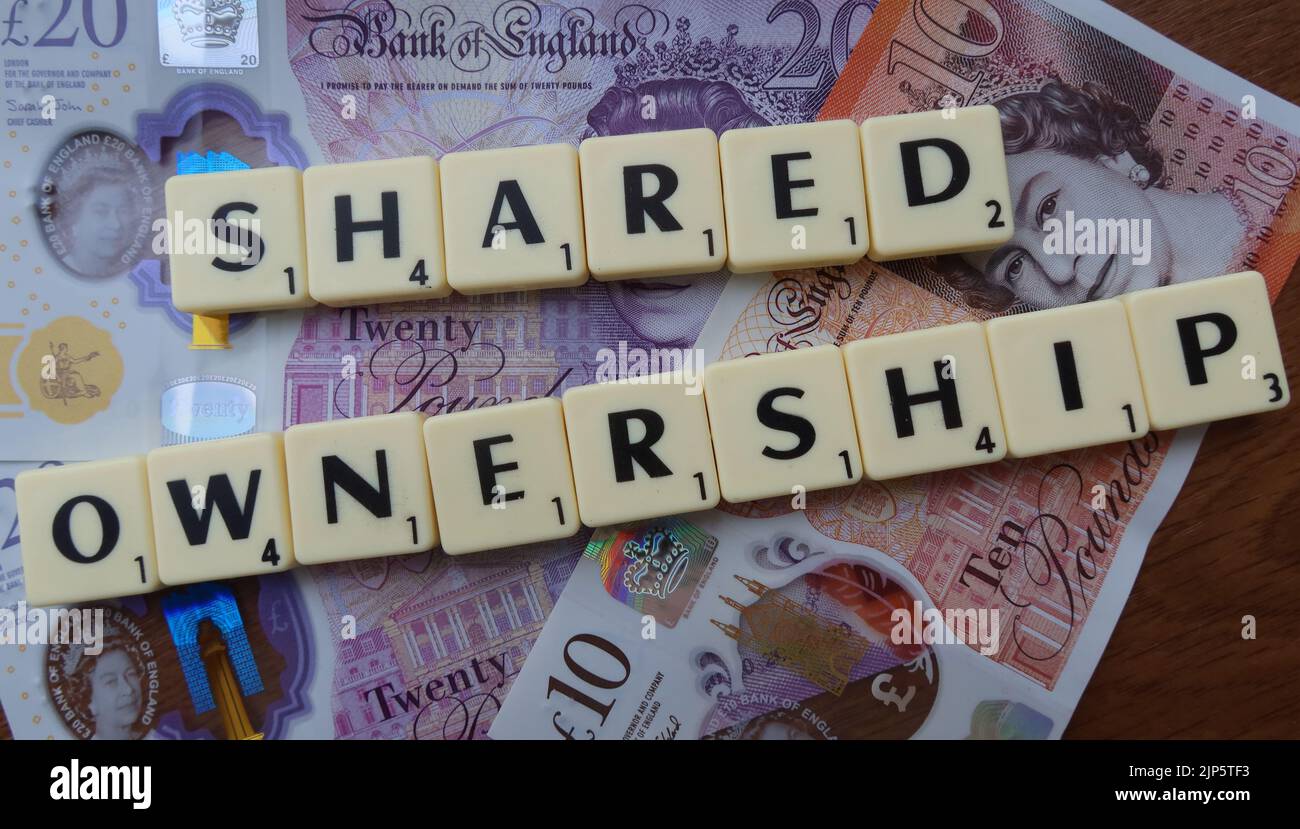 UK Property Shared Ownership, geschrieben in Scrabble Letters, auf Geldscheinen Stockfoto