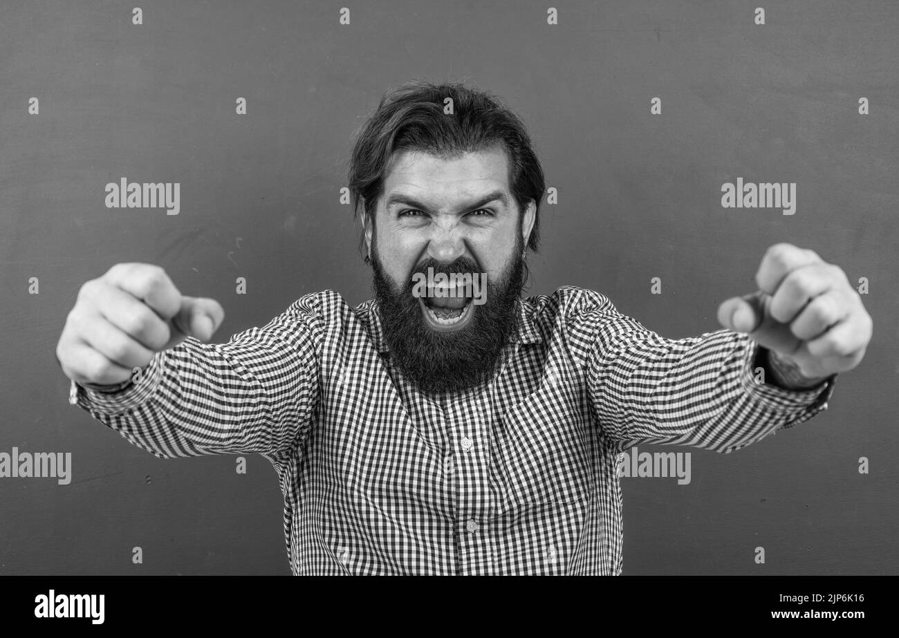kaukasischen Hipster auf grünem Hintergrund. Glücklich reifen Lehrer auf dem Hintergrund der Tafel. Brutal bärtigen Mann tragen lässige karierte Hemd. Feiern Stockfoto