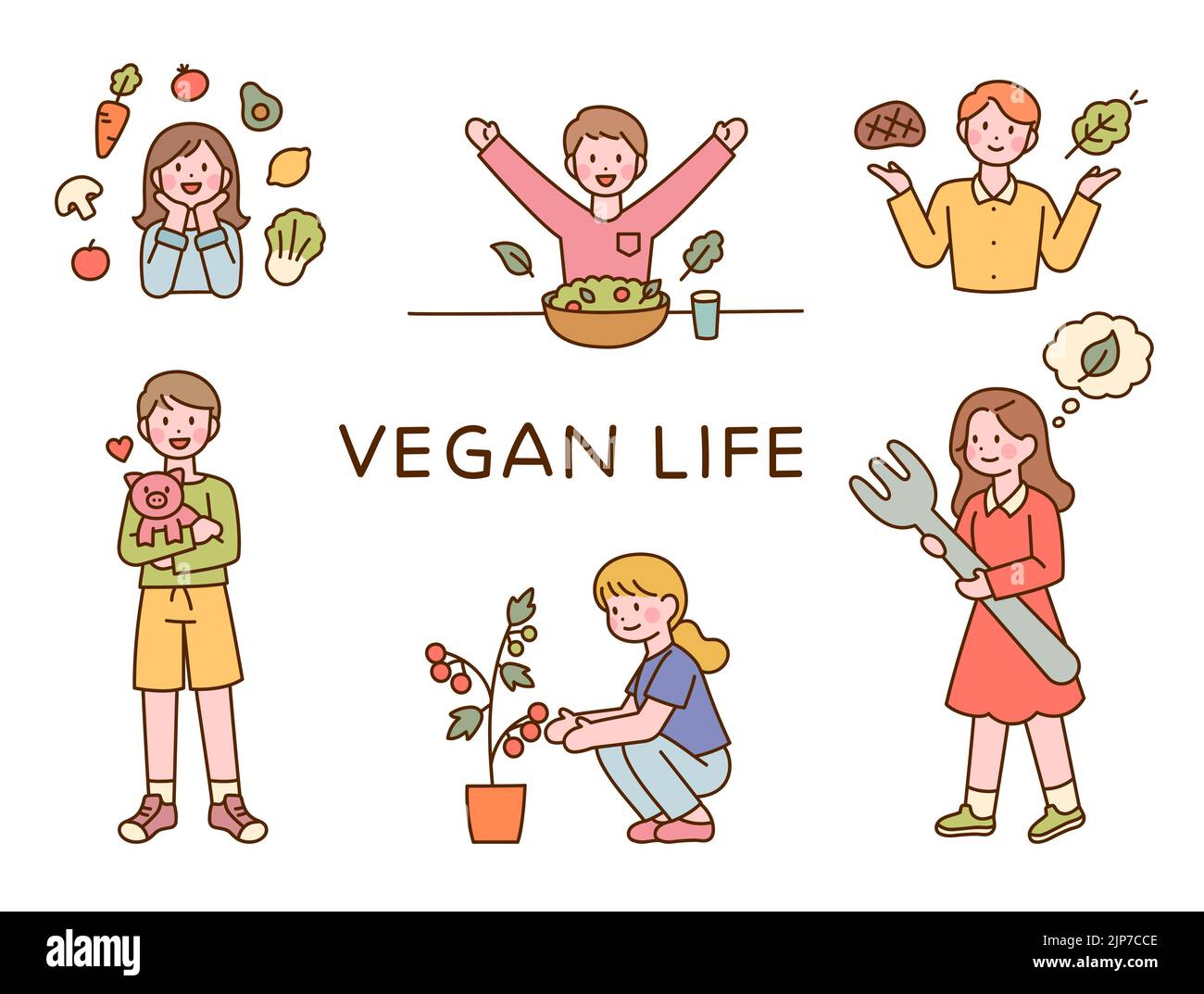 Veganes Leben. Eine Person, die ein Schwein hält. Menschen, die Gemüse anbauen und essen. Flache Design-Stil Vektor-Illustration. Stockfoto