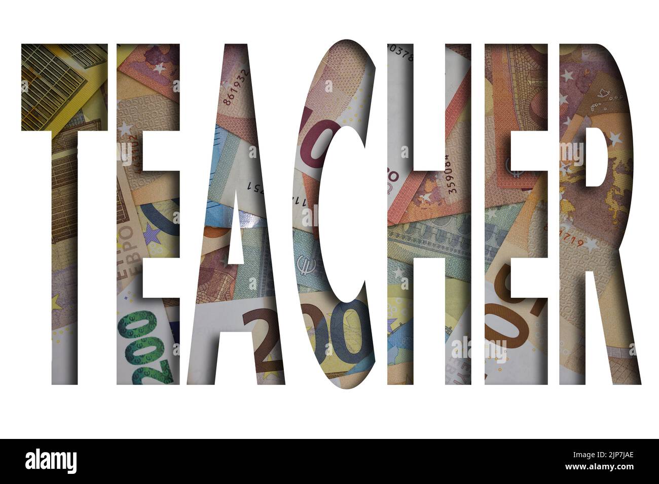 Lehrer Wort mit Geld. Papierwährung Hintergrund mit verschiedenen Banknoten. Stockfoto