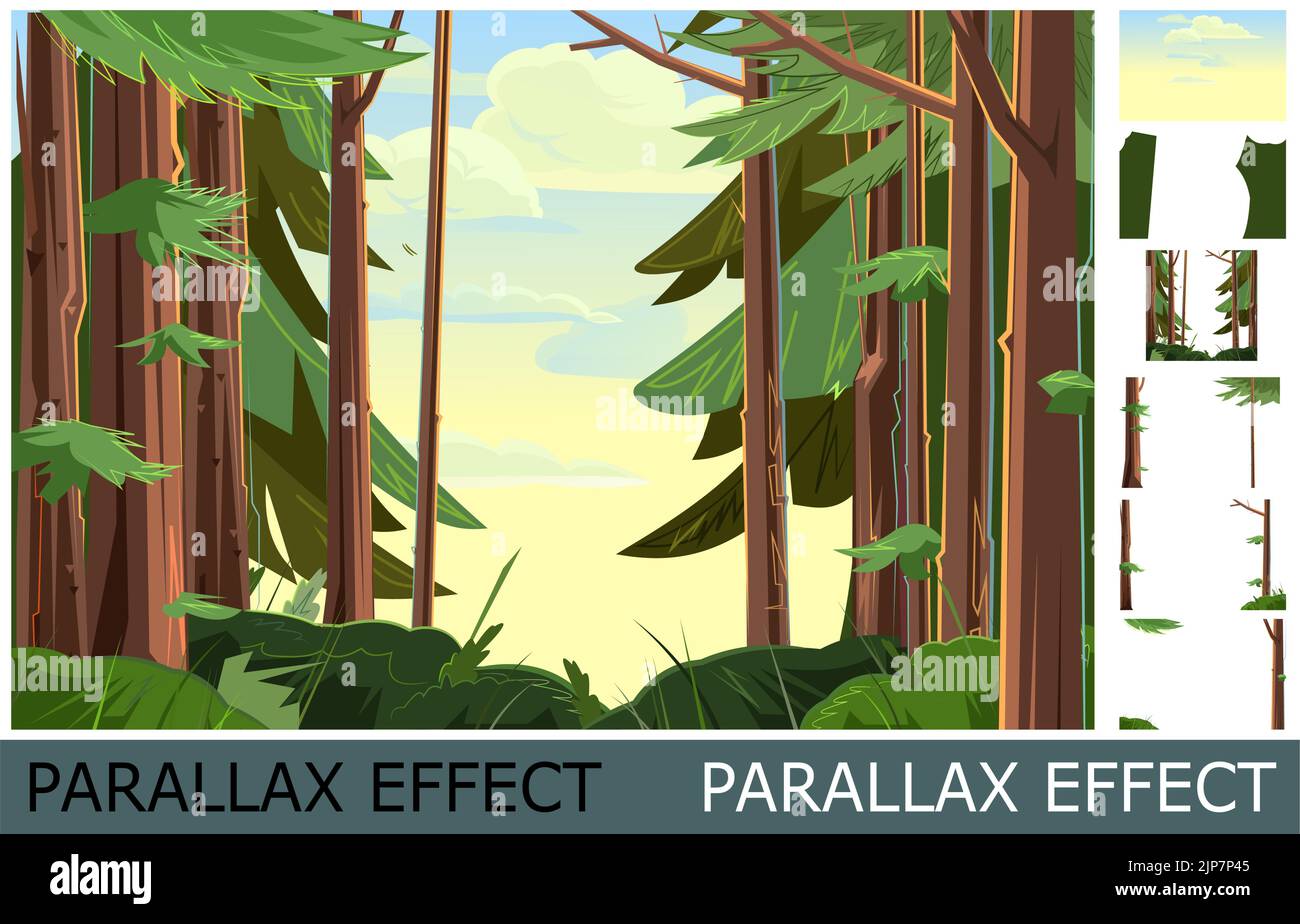 Wunderschöne Waldlandschaft. Bild aus Ebenen für Überlagerung mit Parallaxe-Effekt. Baumstämme und Kiefernzweige. Schöne Sommerlandschaft mit Bäumen. Stock Vektor