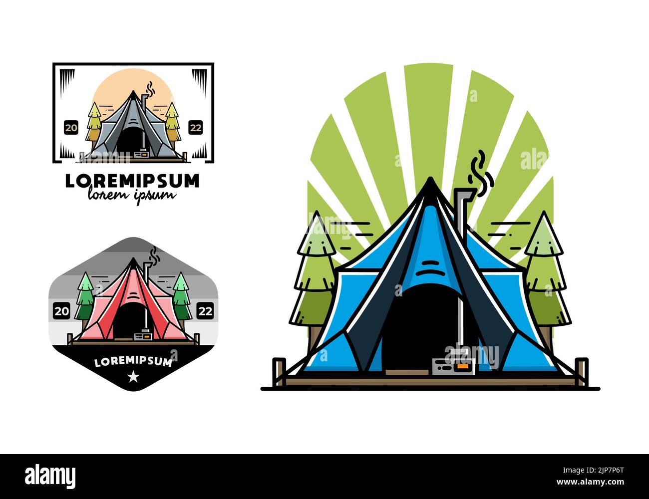 Großes Glamping-Zelt mit Heizung und Kamin zwischen zwei Pinien Illustration Design Stock Vektor