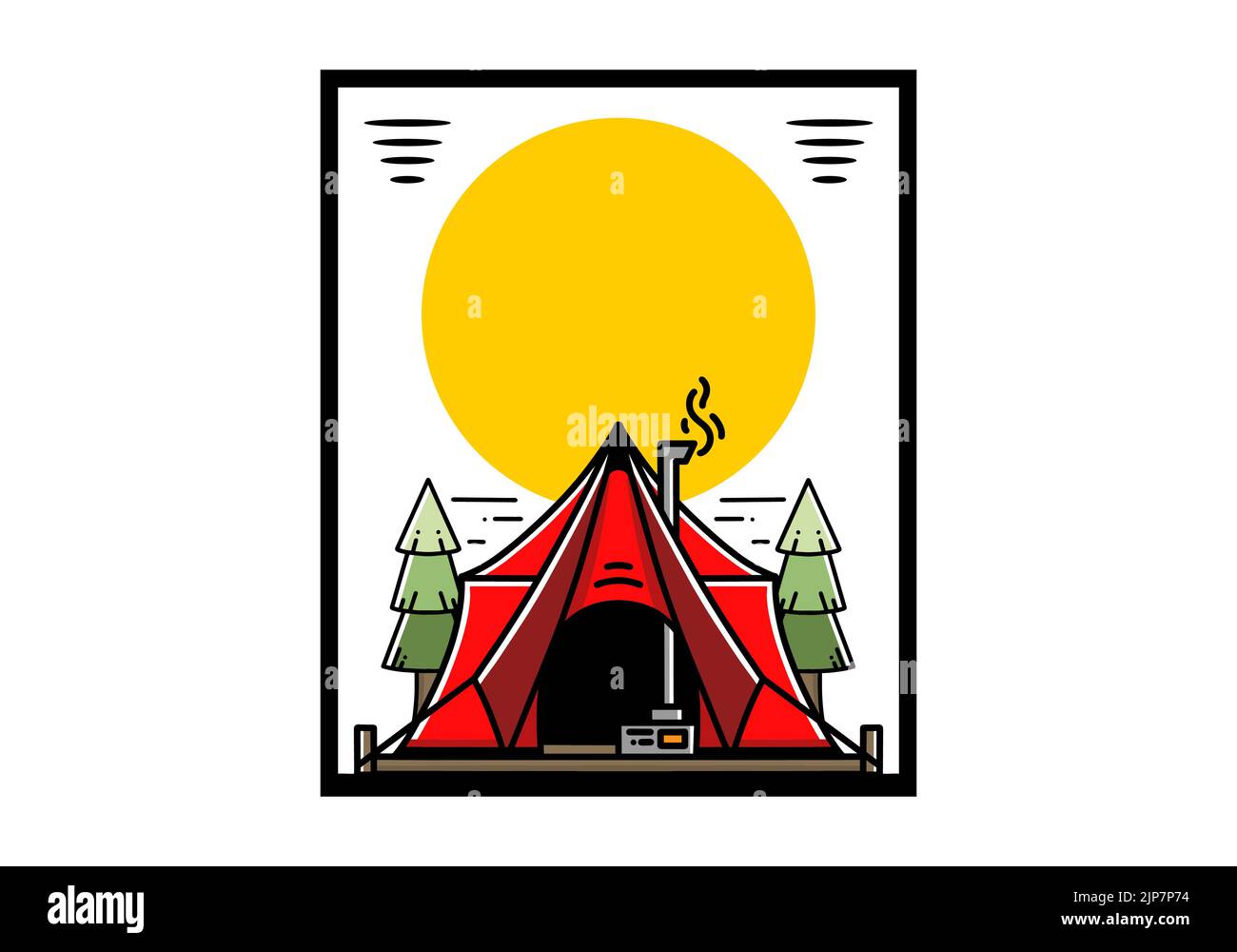 Großes Glamping-Zelt mit Heizung und Kamin zwischen zwei Pinien Illustration Design Stock Vektor