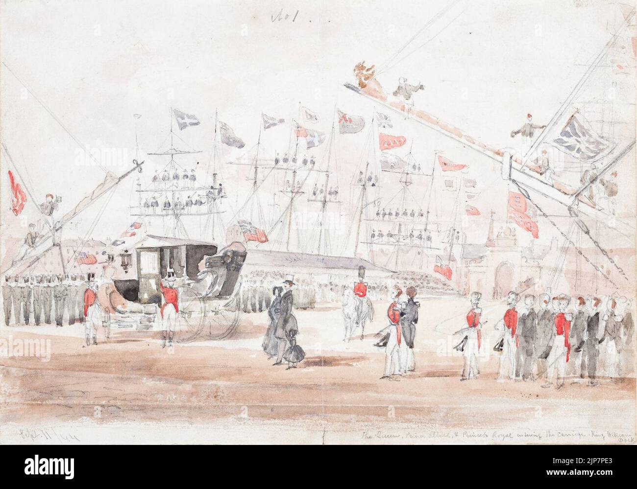 Die Königin, Prinz Albert und Prinzessin Royal beim Verlassen der Kutsche, König William Dock - Ebenezer Landells - 1844 Stockfoto