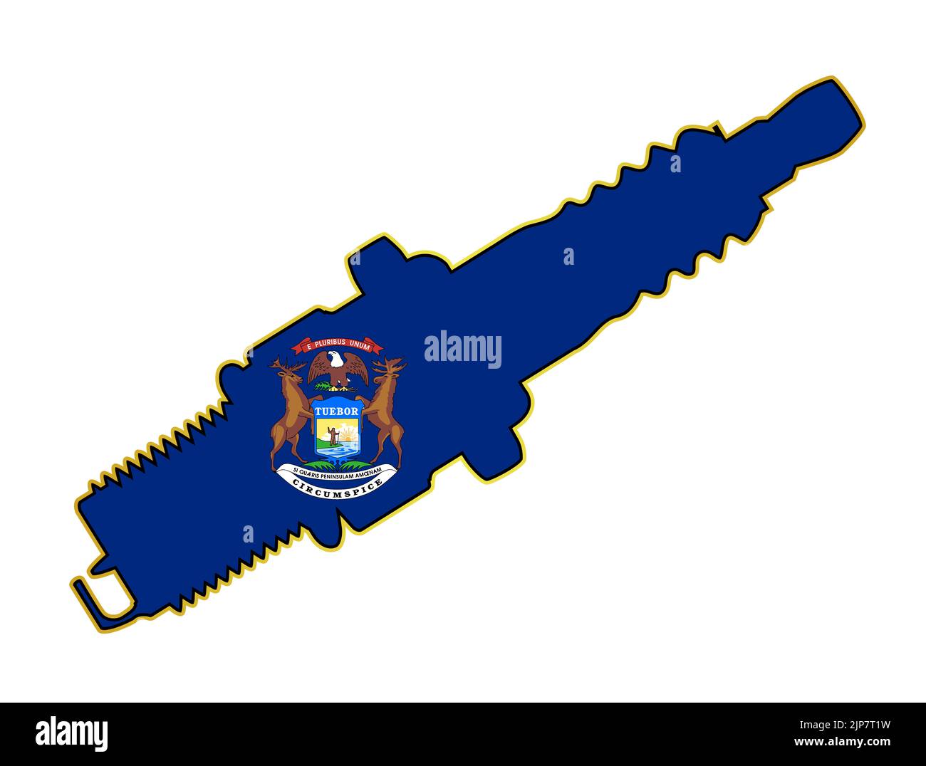 Eine rote Zündkerze mit den Symbolen der Michigan-Flagge in Silhouette auf weißem Hintergrund Stockfoto