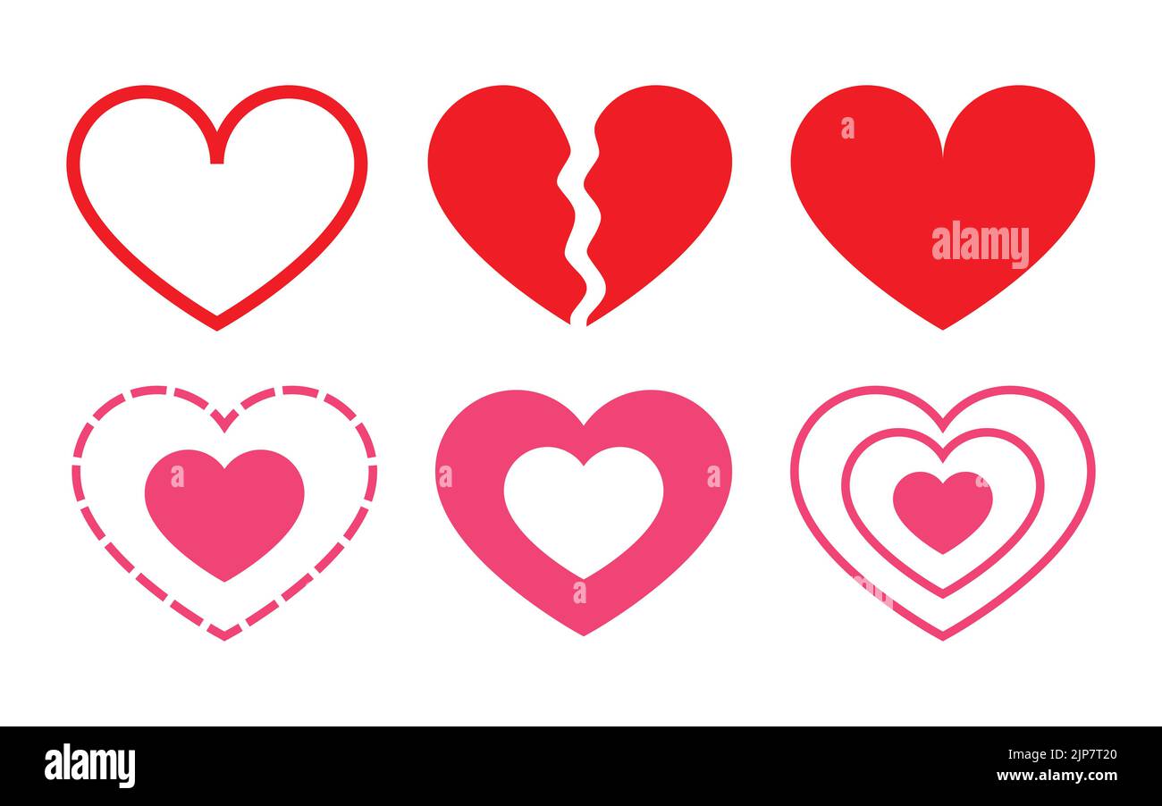 Rot / Rosa flache Liebe Herz Form gesetzt, um Liebe, Pflege und gebrochene Symbol mit verschiedenen Stilen isoliert auf weißem Hintergrund. Trennung und Herzschmerz Symbol. Stock Vektor