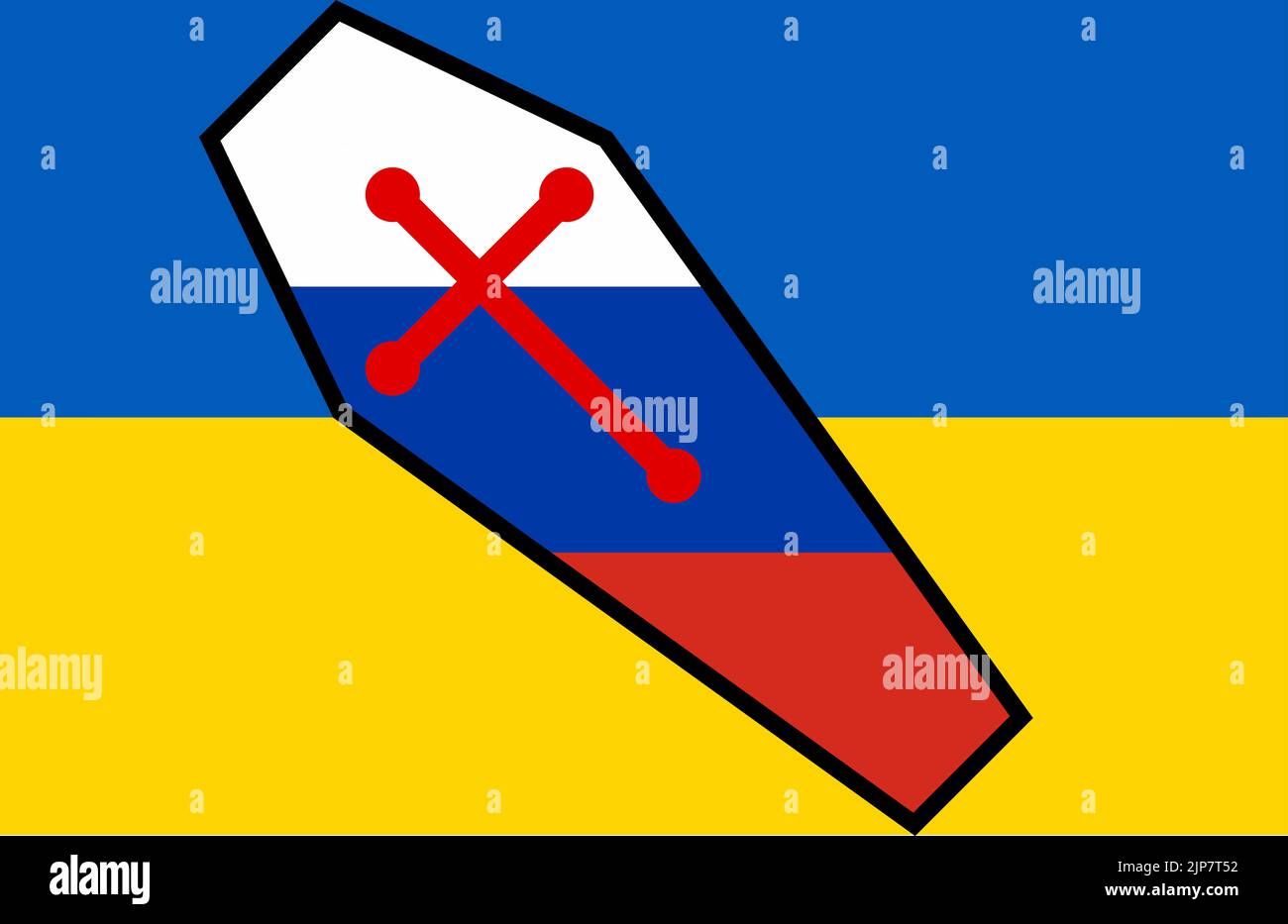 Ukrainische und russische Flaggen im Sarg-Hintergrund Stockfoto