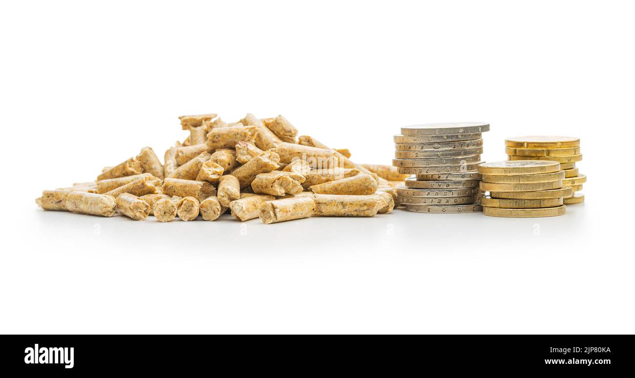 Holzpellets und Euromünzen isoliert auf weißem Hintergrund. Biomasse - Erneuerbare Wärmequelle. Stockfoto