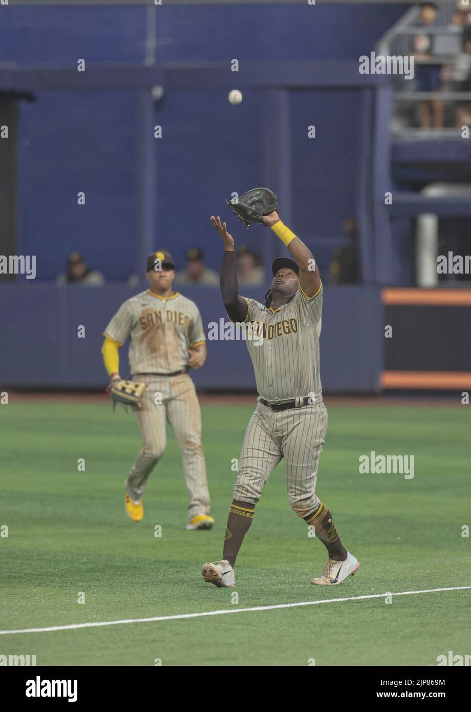 Miami, Florida. USA; San Diego Padres erster Baseman Josh Bell (24) fängt einen Pop-up für die out während eines MLB-Spiel gegen die Miami Marlins, Montag, Augus Stockfoto