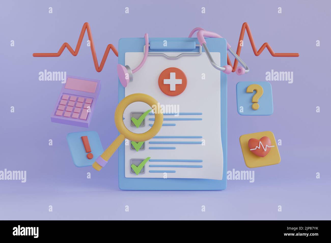 Dokument persönliche Checkliste auf einem Klemmbrett Papier Herz mit Herzschlag Pulslinie auf blauem Hintergrund.finanzielle Kranken-und Krankenversicherung Konzept. 3D Stockfoto
