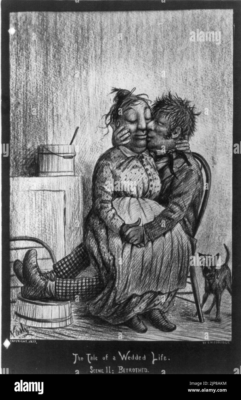 Die Geschichte eines Ehelebens, in zehn Szenen, von Cassius M. Collidge (Paar in häuslichen Szenen)- Szene II - verlobt (Frau auf dem Schoß des Mannes) Stockfoto