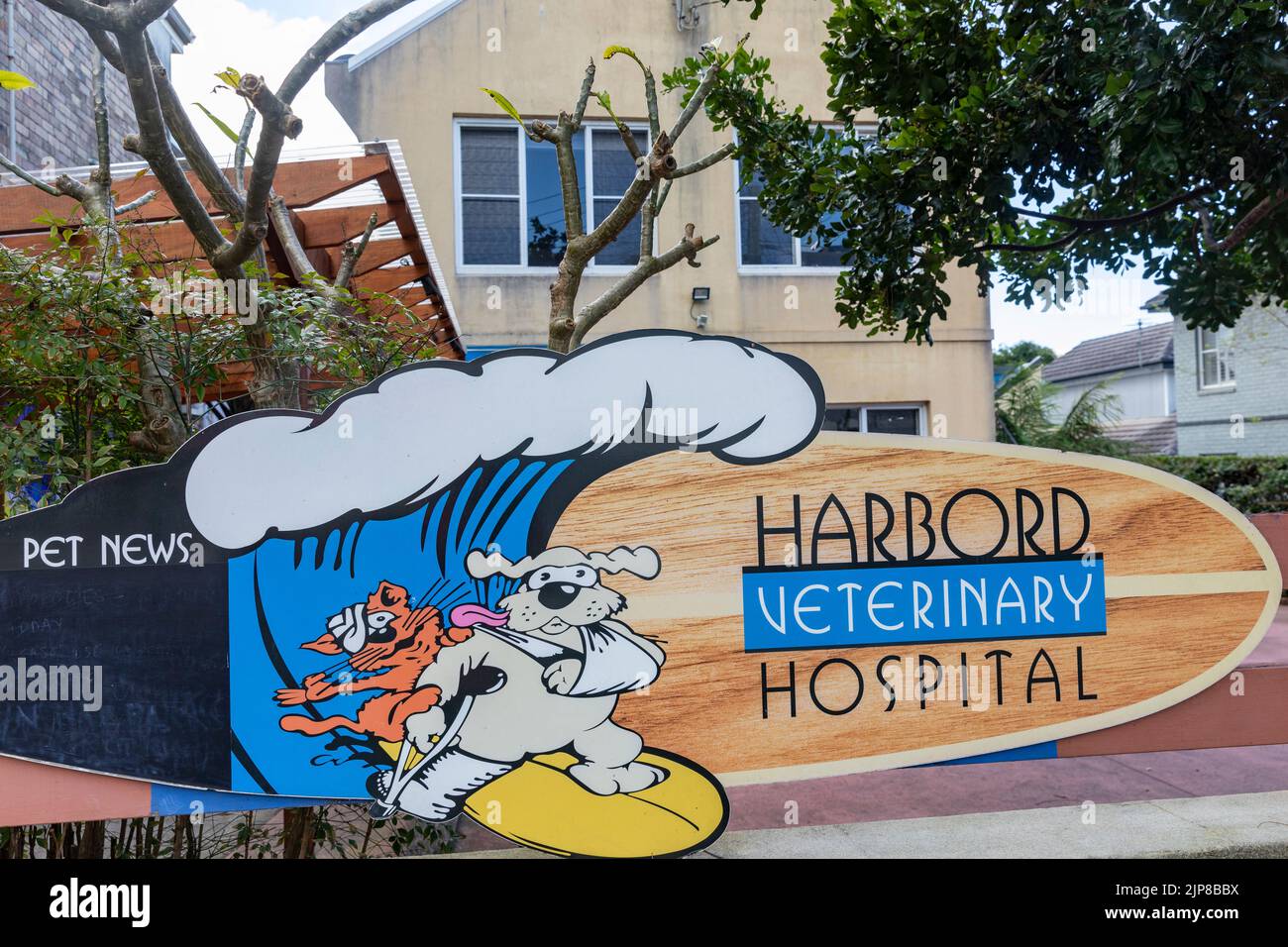 Harbord Veterinärkrankenhaus für Haustiere, Süßwasser, Sydney, NSW, Australien Surfbrett Schild mit Hund verbunden Stockfoto