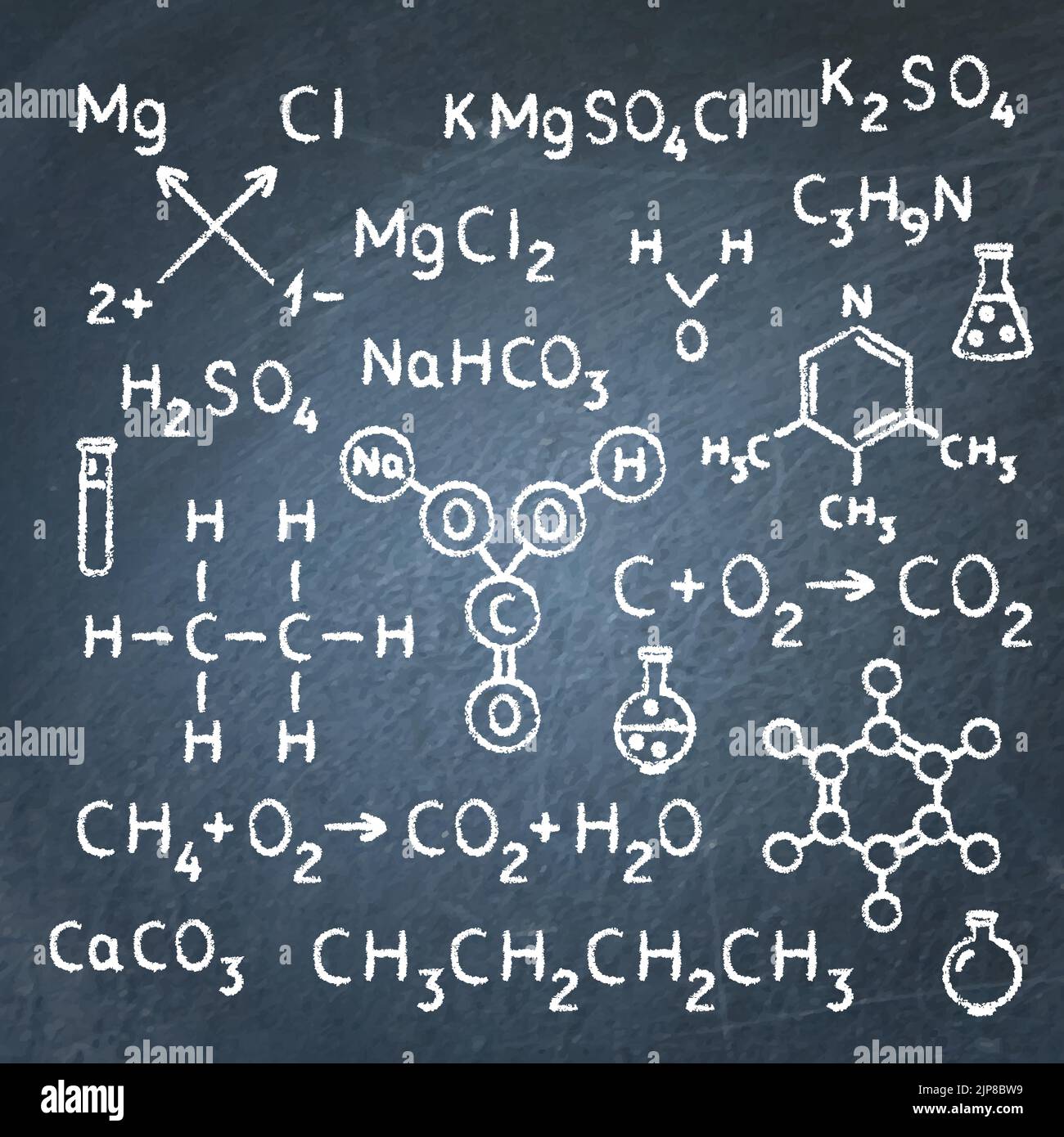 Chalkboard Banner mit Formeln für Chemie. Chemische Gleichungen und Gesetze an der Tafel. Vektorgrafik Stock Vektor