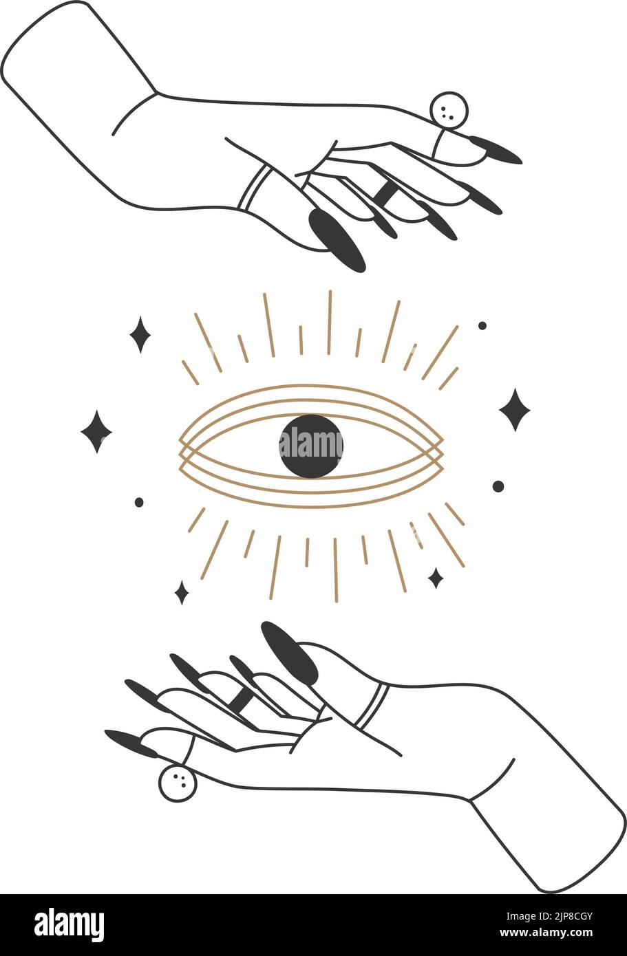 Mystisches esoterisches Boho-Poster mit Hexenhänden und all-sehenden Augen. Spirituelle Hexenwappen mit Ringen, die das Augensymbol halten. Magisches böhmianisches Amulett zwischen den Palmen. Vektor der Wahrsagerei Stock Vektor
