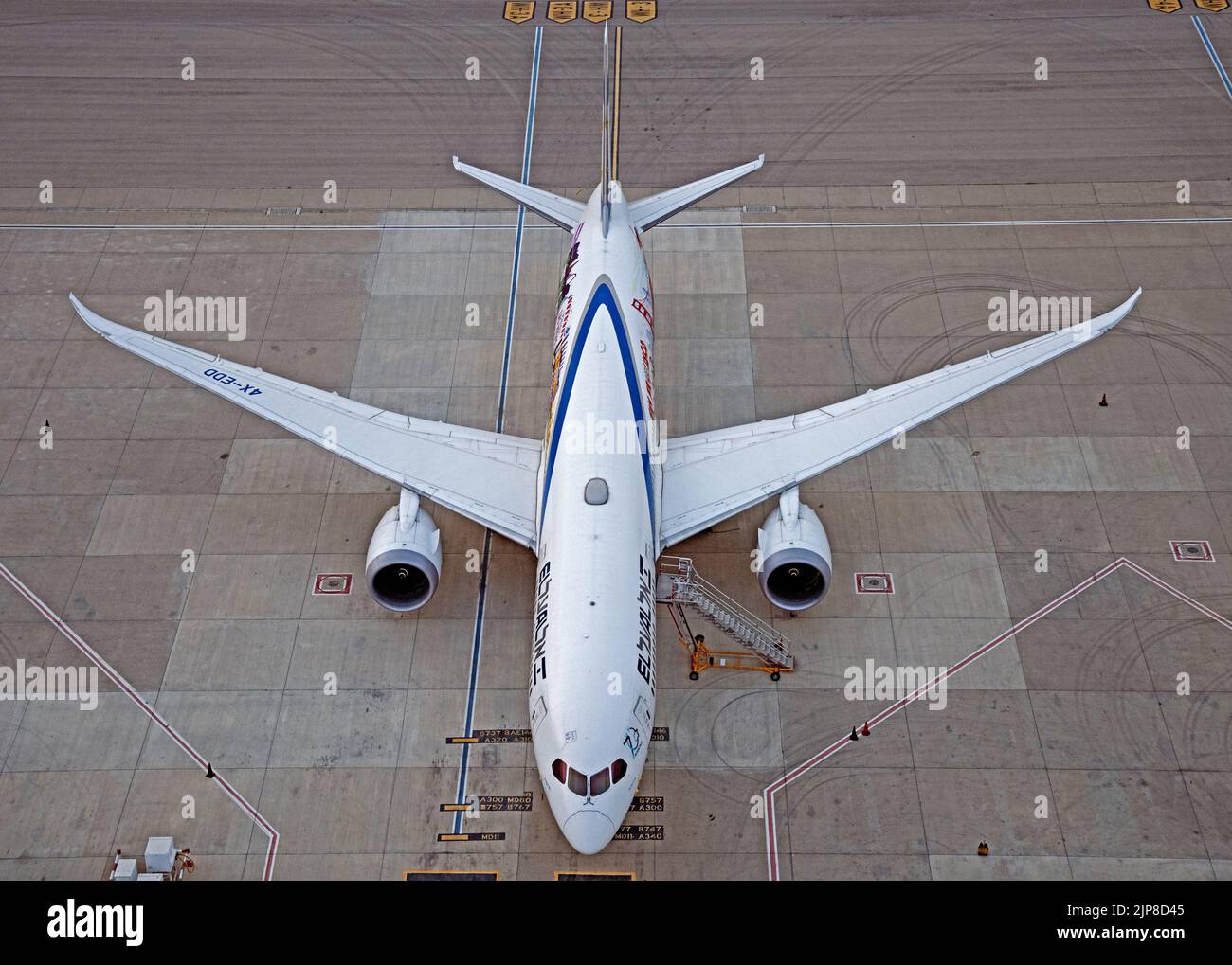 El Al Boeing 777-Flotte auf dem Asphalt am Ben Gurion Airport (TLV) Israel Stockfoto
