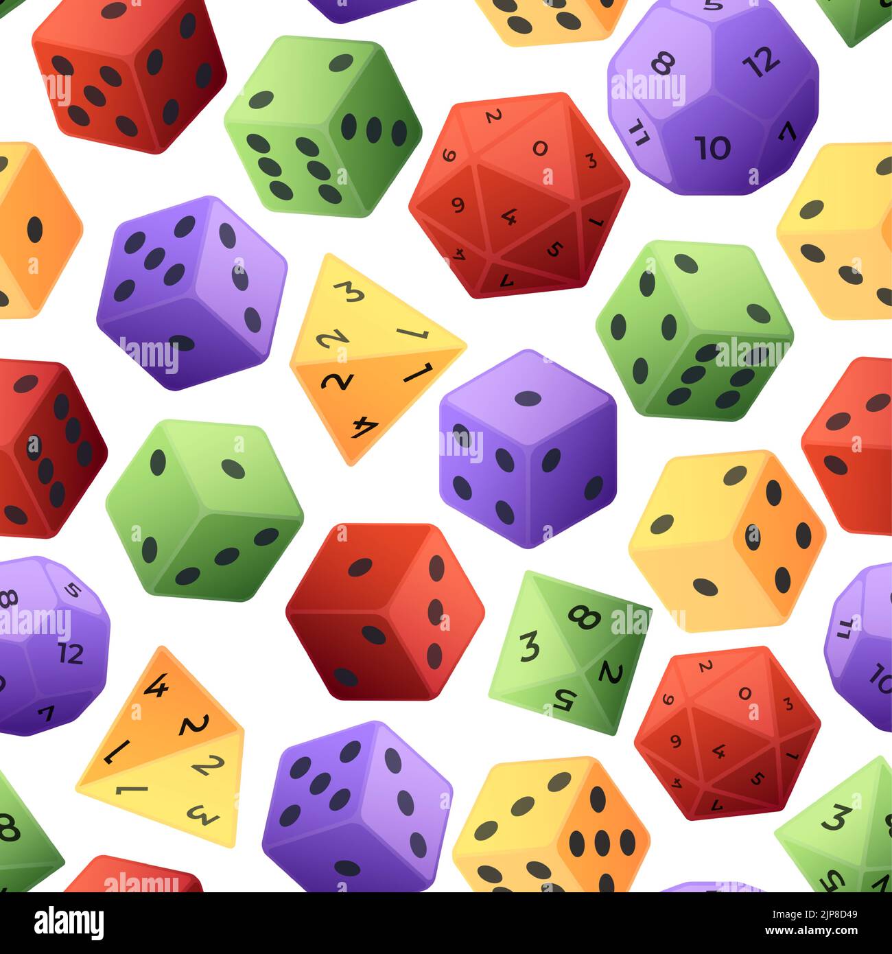 Würfelmuster. Nahtloser Druck von Spiel- und Rollenspiel-Würfel verschiedener Seiten. Vektorgrafik Polyeder Gaming Zubehör Textur. Verschiedene Würfelformen mit Zufallszahlen, Glückskonzept Stock Vektor