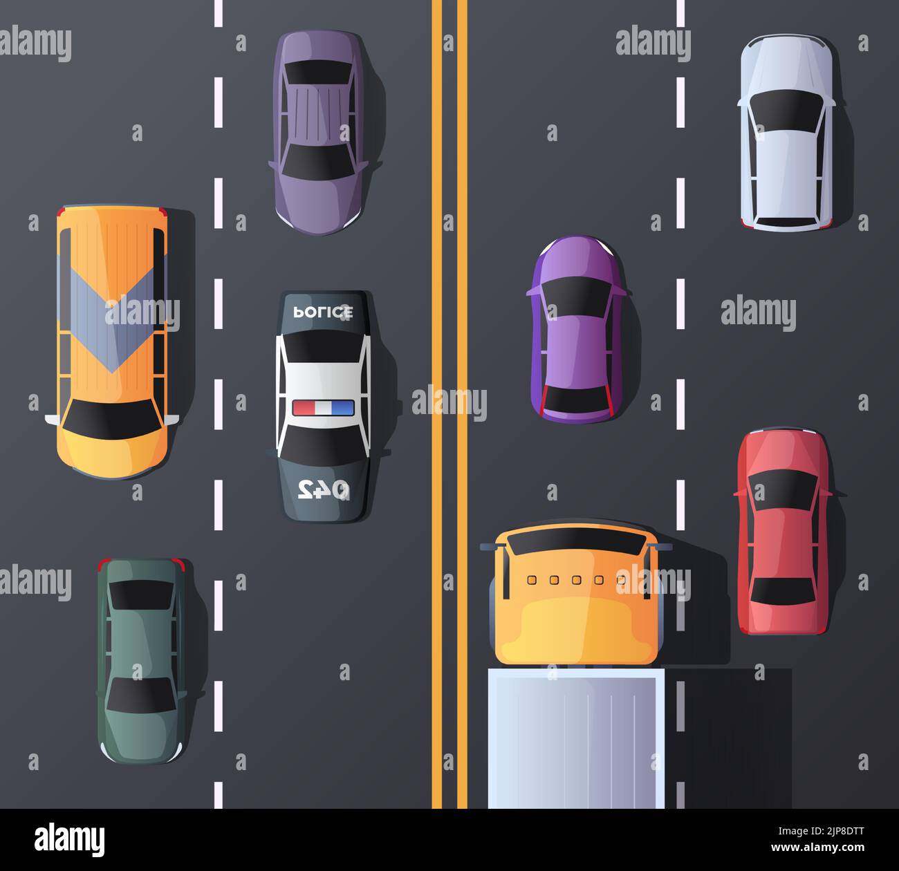 Autobahnansicht. Cartoon Draufsicht der Stadt Straße mit verschiedenen Autos und Lastwagen, Lastwagen Bus Feuerwehrauto Pick-up Limousine van SUV Verkehr von oben. Vektorgrafik. Speedway mit verschiedenen Fahrzeugen Stock Vektor