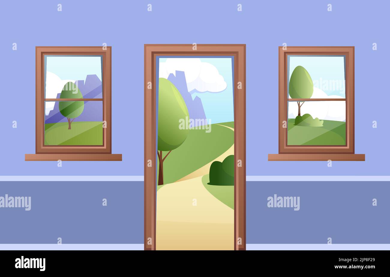 Öffnen Sie die Tür und das Fenster. Cartoon Valley Landschaft mit Dorffeldern, Sommertageszene durch den Eingang. Vektor-isolierte Illustration. Schöne Natur im Freien mit Himmel und Bergen Stock Vektor