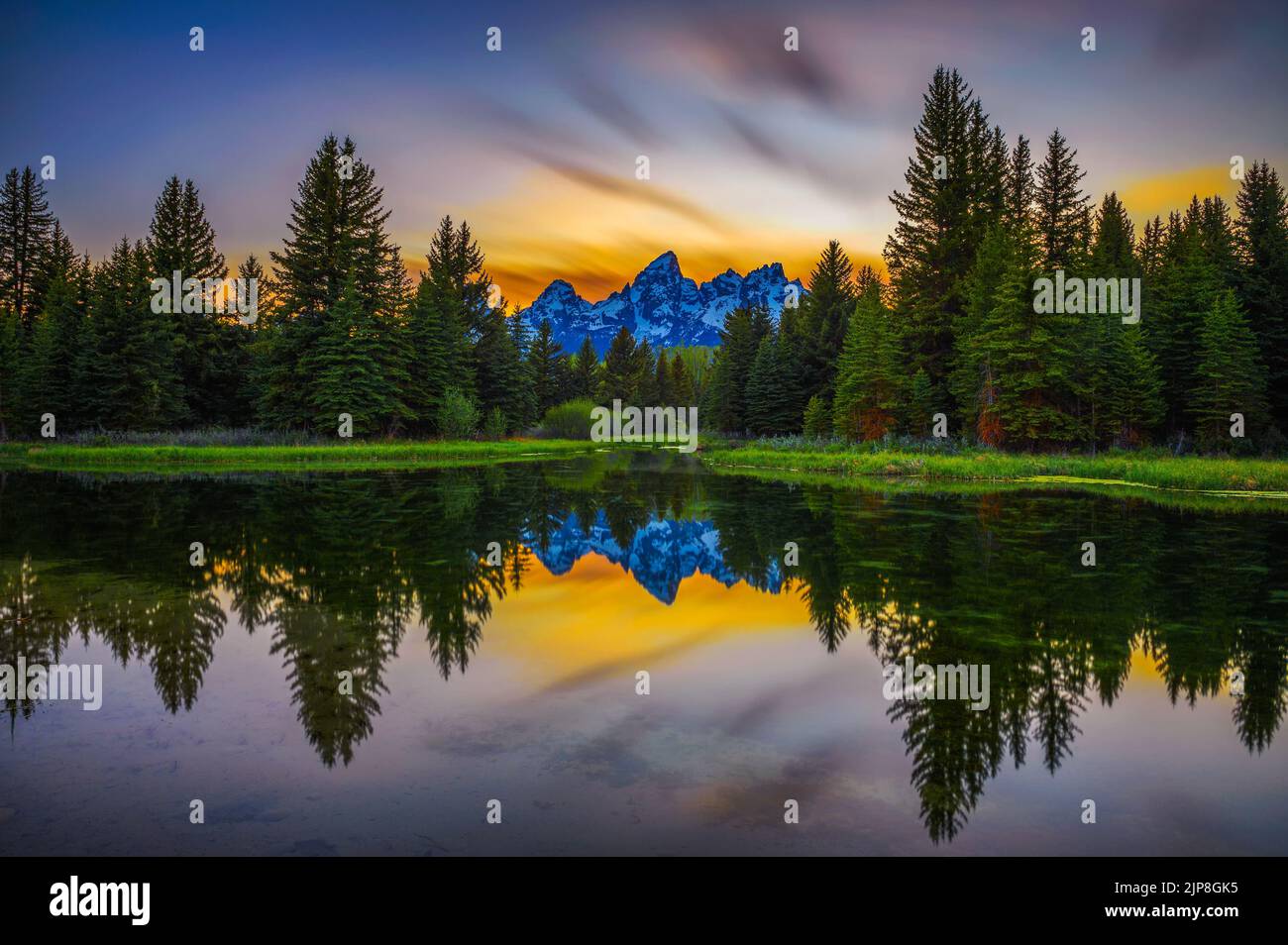 Sonnenuntergang über Schwabacher Landing im Grand Teton National Park, Wyoming Stockfoto