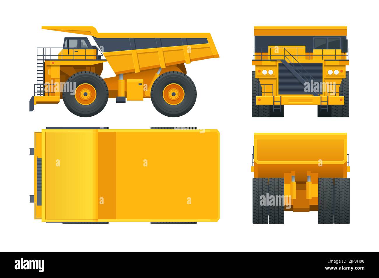 Große Steinbruch Muldenkipper Vorlage auf weißem Hintergrund. Ausrüstung für den High-Mining-Industrie. Ansicht vorne, hinten, seitlich und oben. Stock Vektor