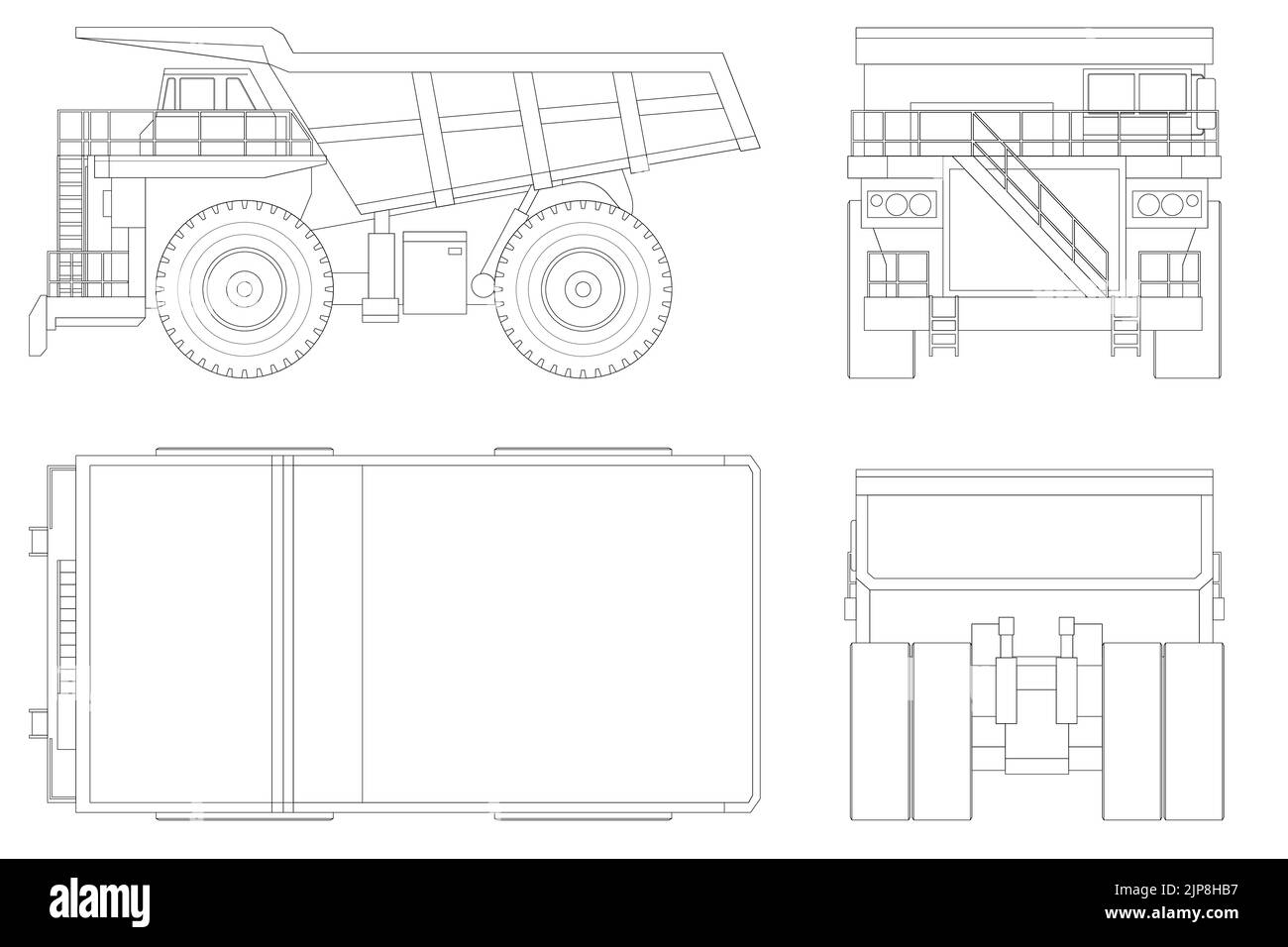 Große Steinbruch Muldenkipper Vorlage in Umriss auf weißem Hintergrund. Ausrüstung für den High-Mining-Industrie. Ansicht vorne, hinten, seitlich und oben. Alle Elemente Stock Vektor