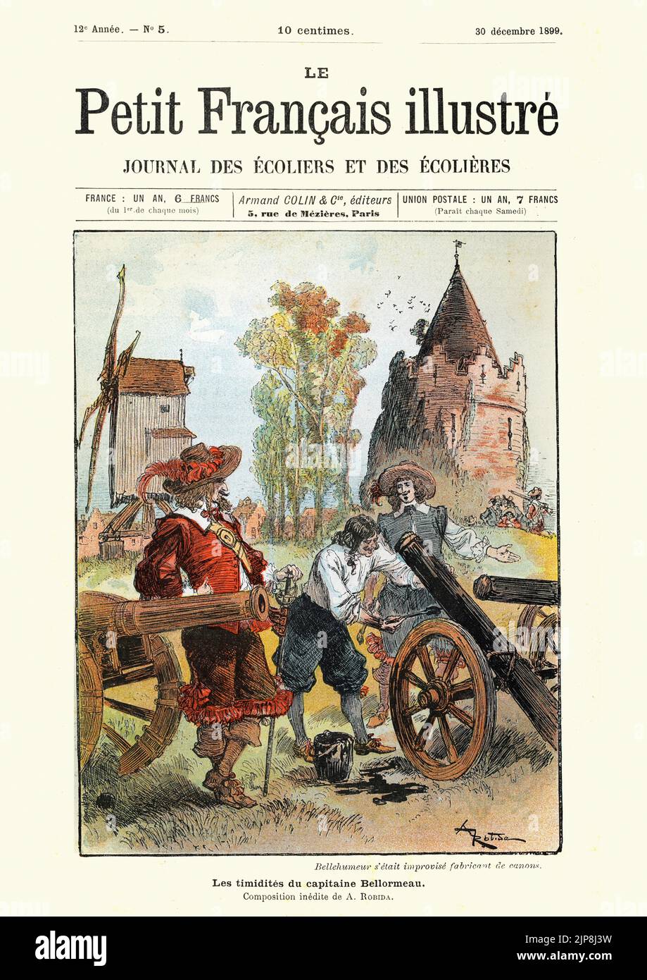 Illustration aus der Geschichte 'Le Capitaine Bellormeau' (der Hauptmann Bellormeau), von Robida. Bellehumeur hat als Kanonenmacher improvisiert Stockfoto