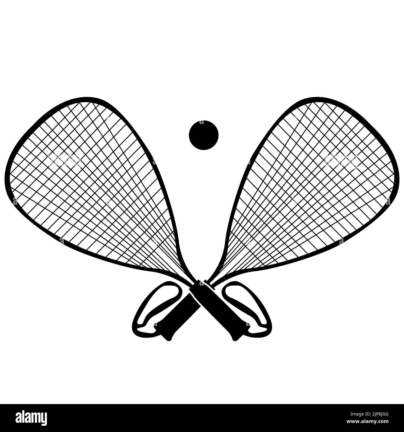 Racquetball Fledermäuse mit Ball-Symbol auf weißem Hintergrund. Racquetball Fledermausschild. Flacher Stil. Stockfoto