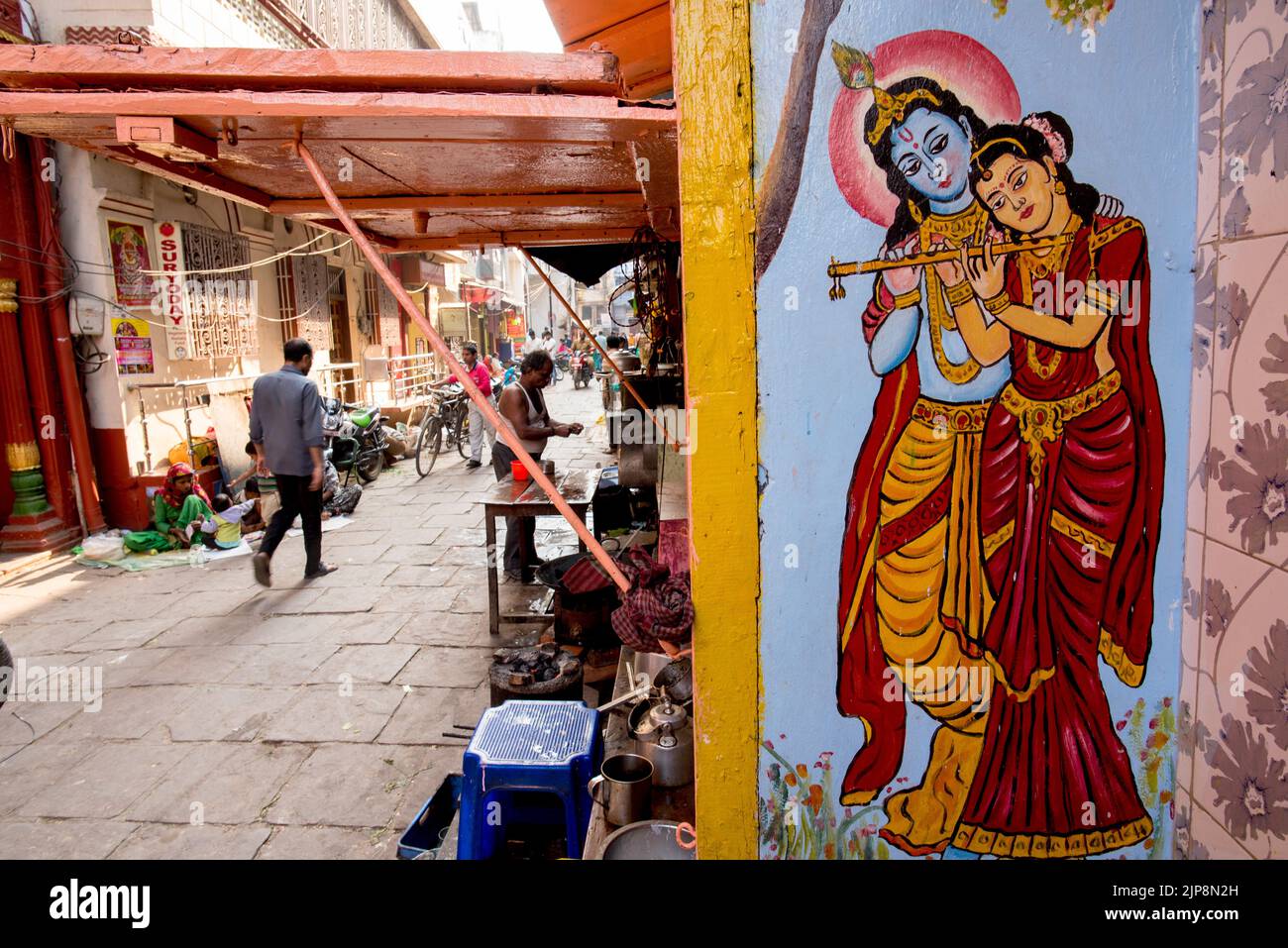 Radha Krishna Wandmalerei, Varanasi, Banaras, Benaras, Kashi, Uttar Pradesh, Indien Stockfoto