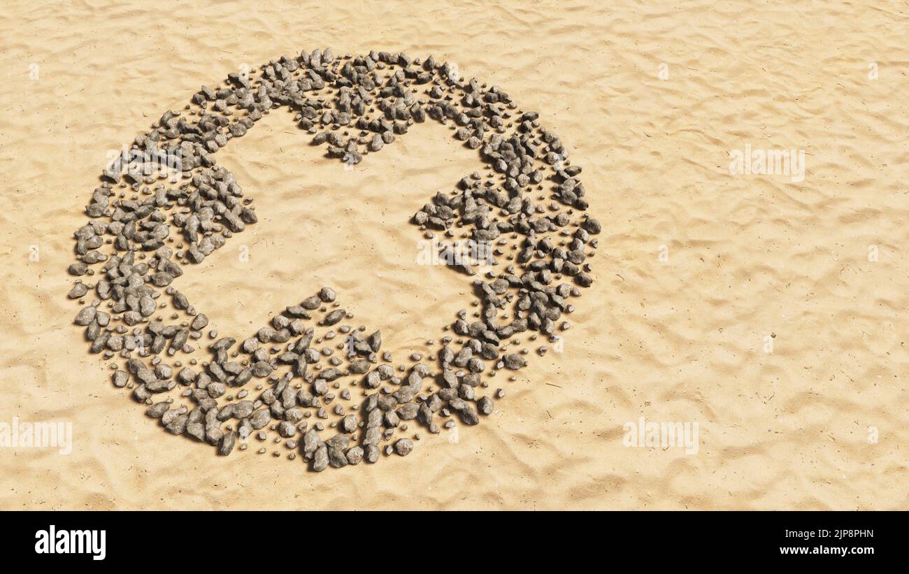 Konzept konzeptuelle Steine am Strand Sand handgemachte Symbolform, goldener sandiger Hintergrund, Kreuzzeichen. 3D Illustration Metapher für medizinische Versorgung Stockfoto