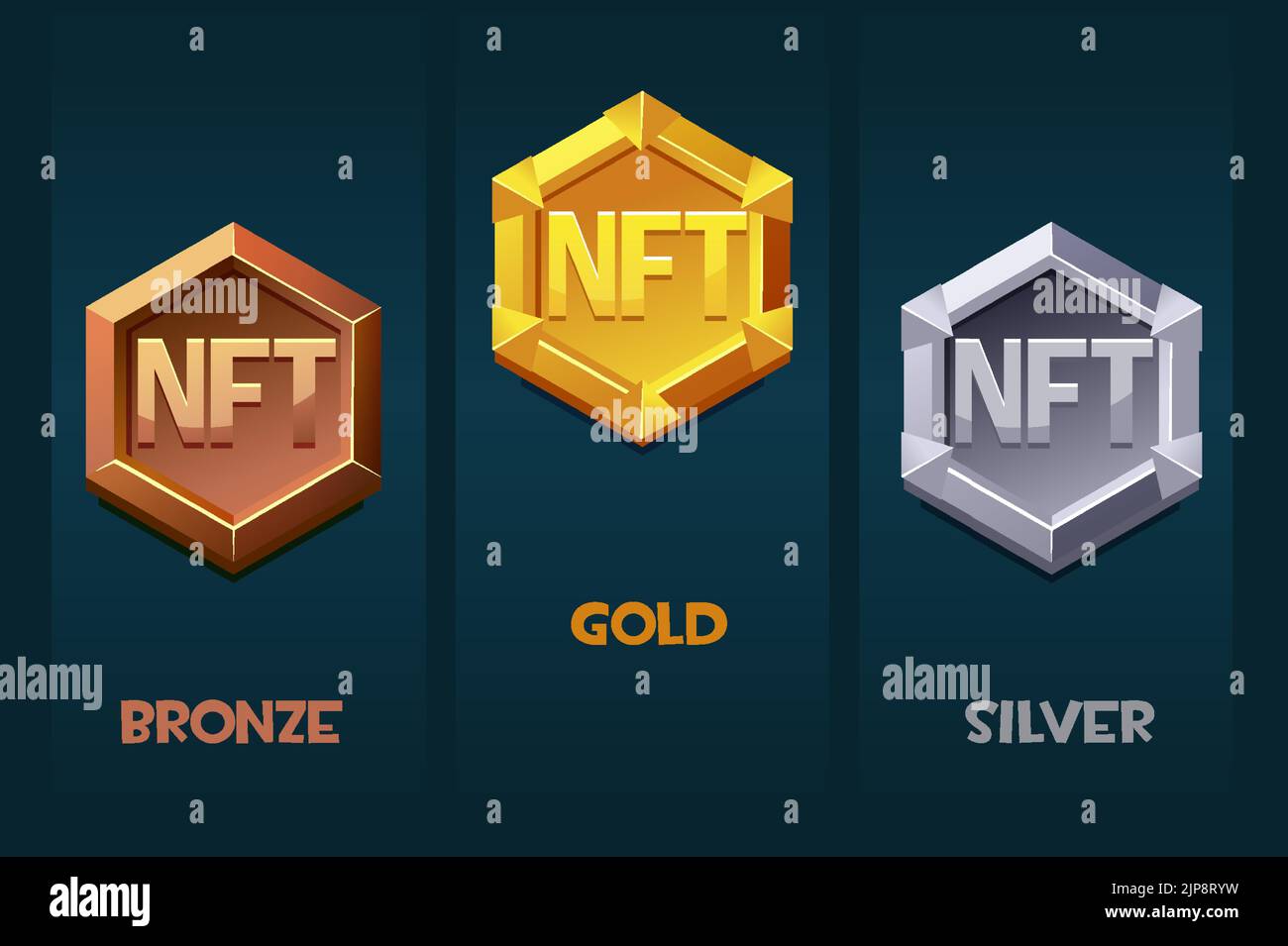 NFT-Award-Abzeichen für Spielressourcen in verschiedenen Metallen. Gold-, Silber- und Bronzemedaille. Kryptowährung, NFT-Token-Internetwährung der Zukunft Stock Vektor