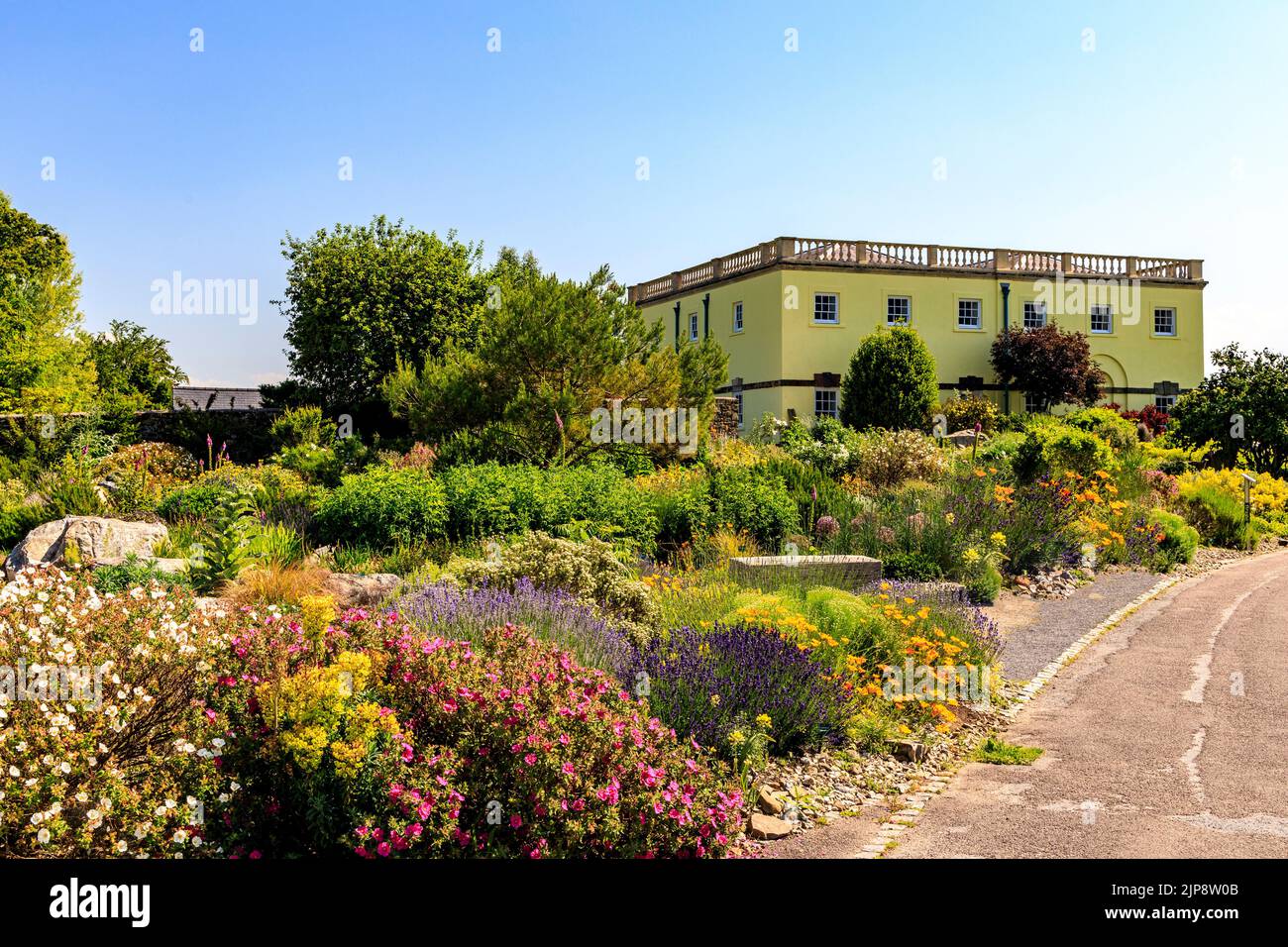 Farbenfrohe Bepflanzung vor dem Principality House im National Botanic Garden of Wales, in Llanarthne, Carmarthenshire, Wales, Großbritannien Stockfoto