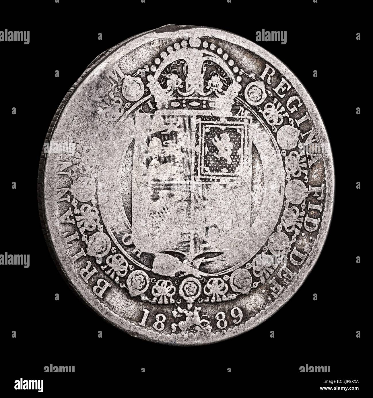 1889 Queen Victoria Half Crown Stark Abgenutzt - Rückseite Stockfoto