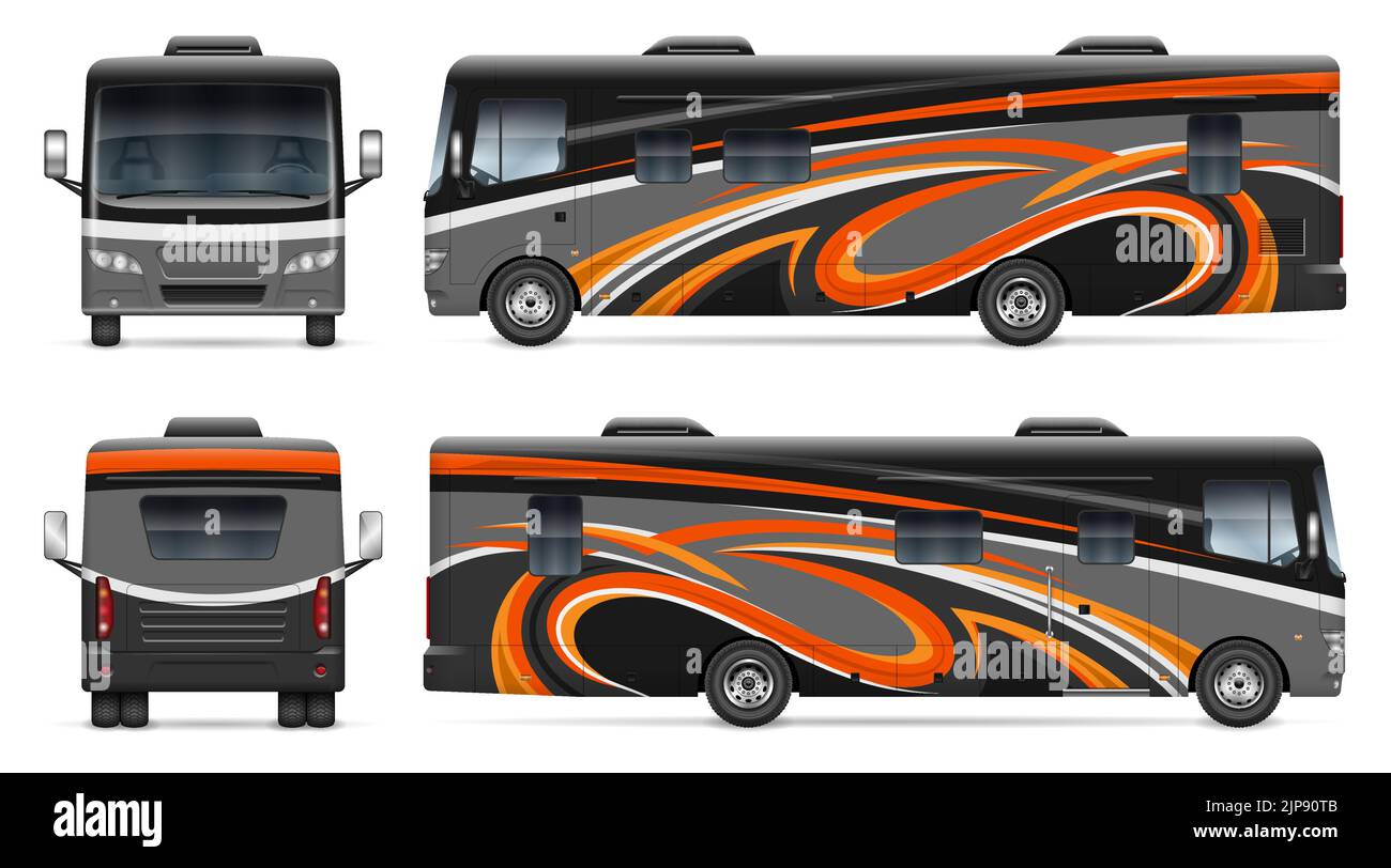 Wohnmobil Wrap Vektor Mockup auf weiß für Fahrzeug-Branding, Corporate Identity. Alle Elemente in den Gruppen auf separaten Ebenen zur einfachen Bearbeitung. Stock Vektor