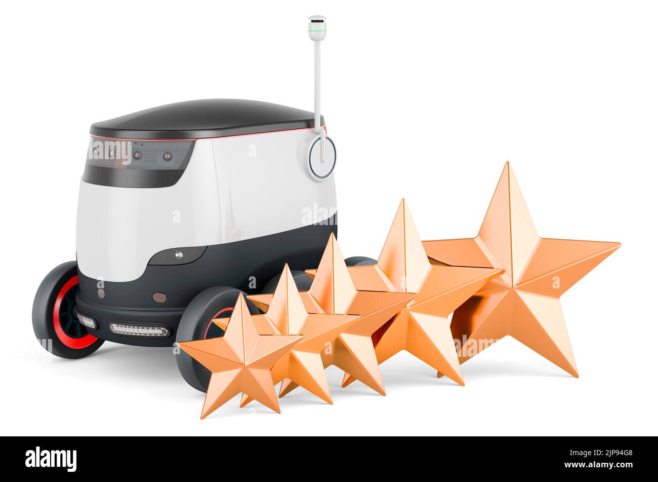 Autonomer Roboter mit fünf goldenen Sternen. Kundenbewertung des autonomen Roboters. 3D Darstellung isoliert auf weißem Hintergrund Stockfoto